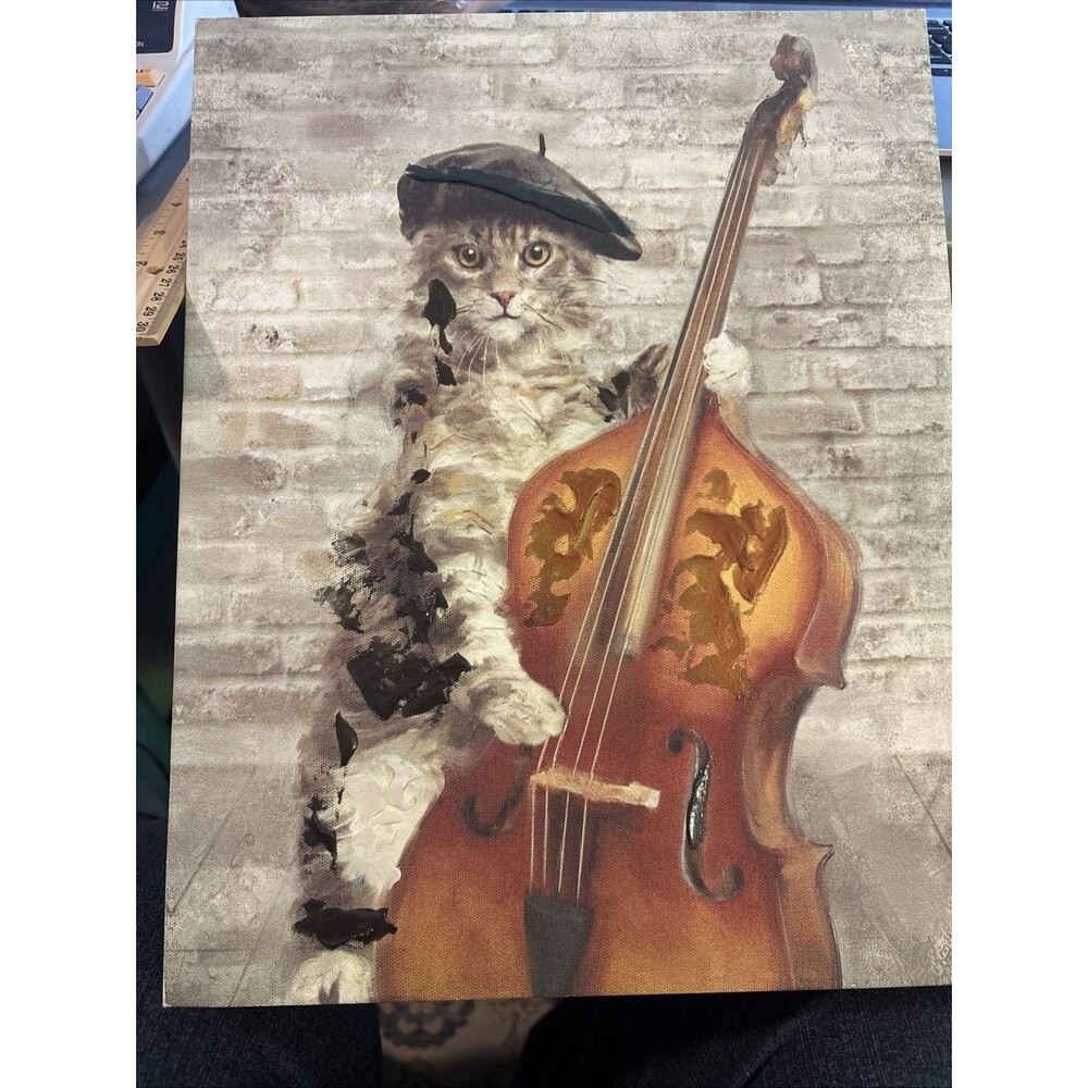 Whimsical Canvas Art Featuring A Cat Playing Cello Textured Frame 11/14